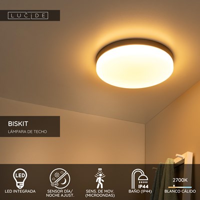 Lucide BISKIT - Lámpara de techo Baño - Ø 40 cm - LED - 1x36W 2700K - IP44 - Sensor movimiento - Negro